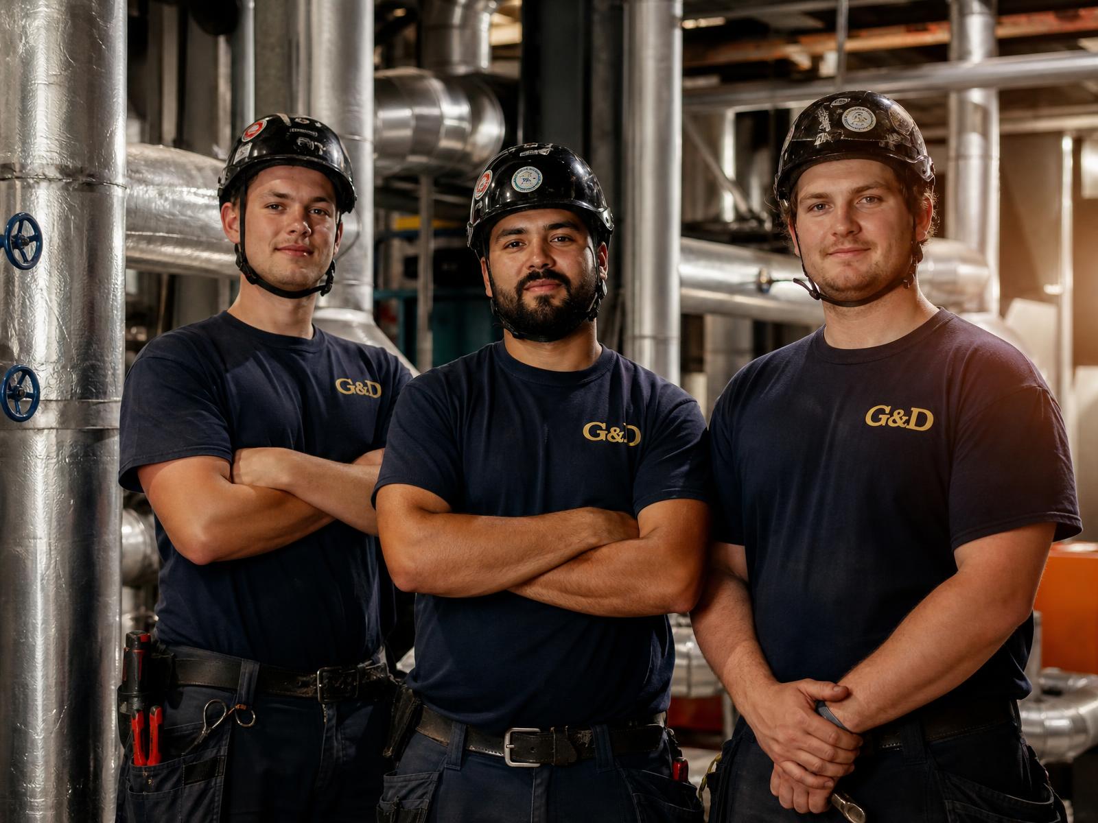 Echipa G&D Izolirung în echipament de lucru cu logo-ul firmei, pe un șantier industrial, lângă conducte izolate