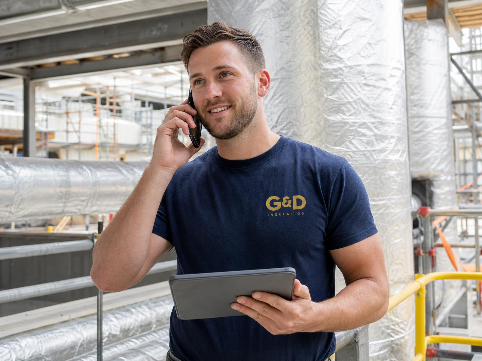 Coordonator de proiect G&D cu tricou de firmă vorbind la telefon pe un șantier industrial