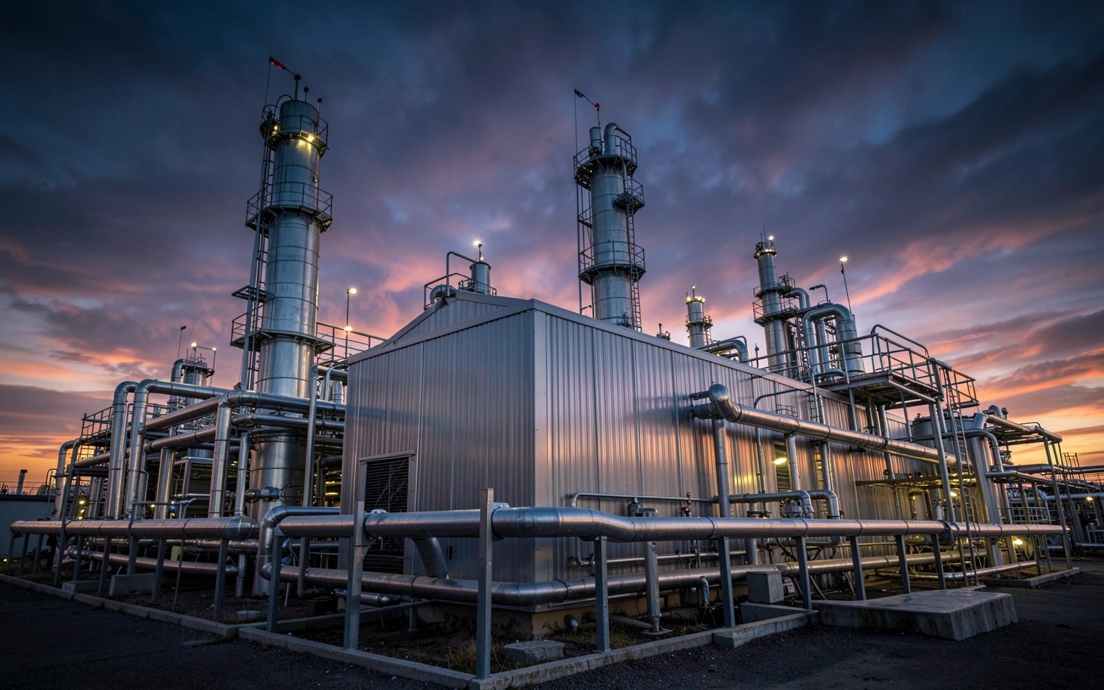 Instalație industrială cu conducte izolate și învelitoare metalică în crepuscul
