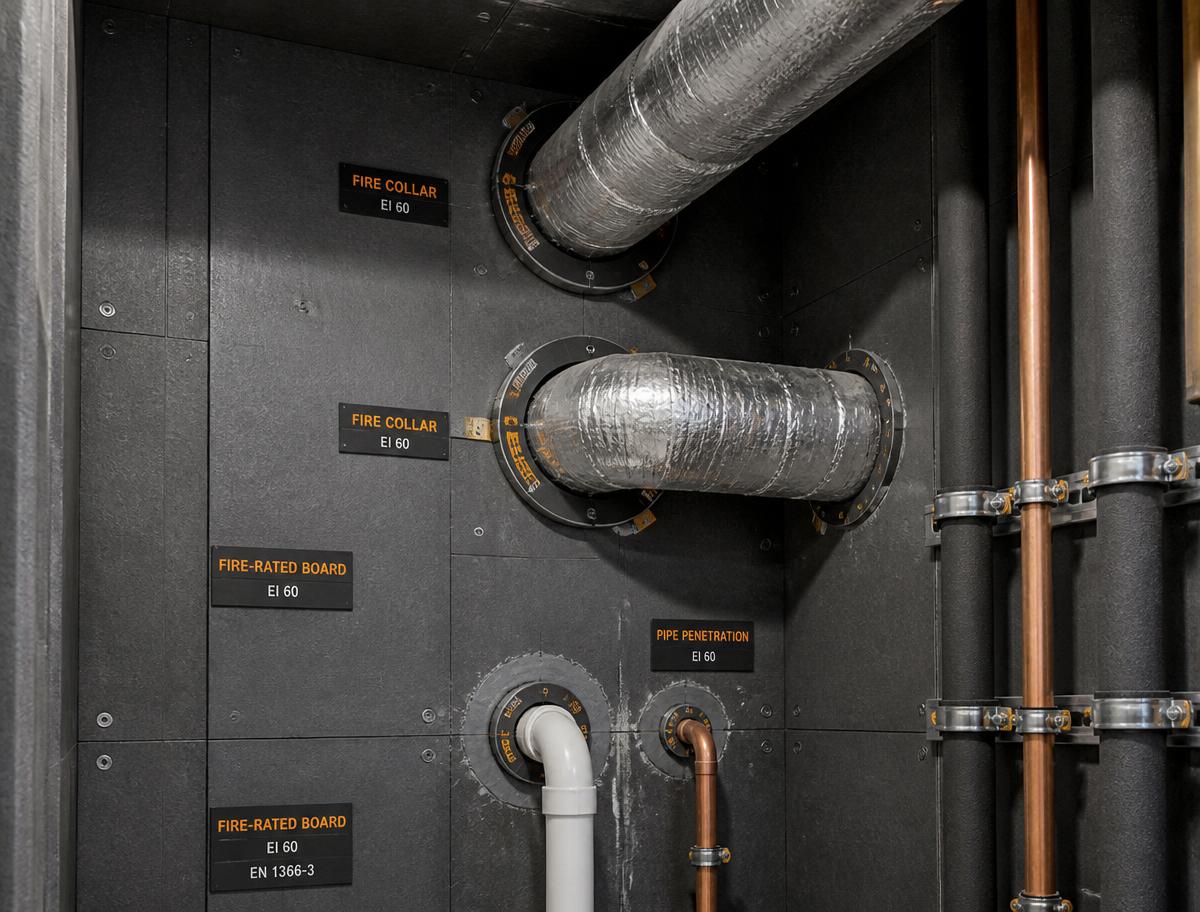 Protecție la foc a unui canal de ventilație cu plăci ignifuge certificate, într-o clădire industrială