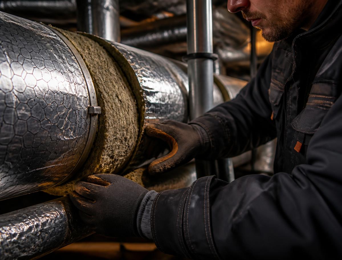 Montator G&D Izolirung izolează o conductă de proces fierbinte cu cochilii de vată minerală și manta din tablă de aluminiu